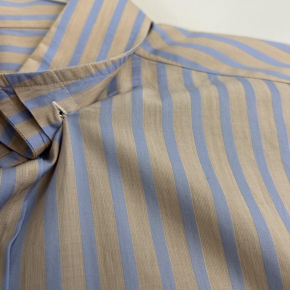 Brioni Shirt Mens 16 Blue Tan Stripe Dress Long Sleeve 100% Cotton Spread Collar - Picture 4 of 16